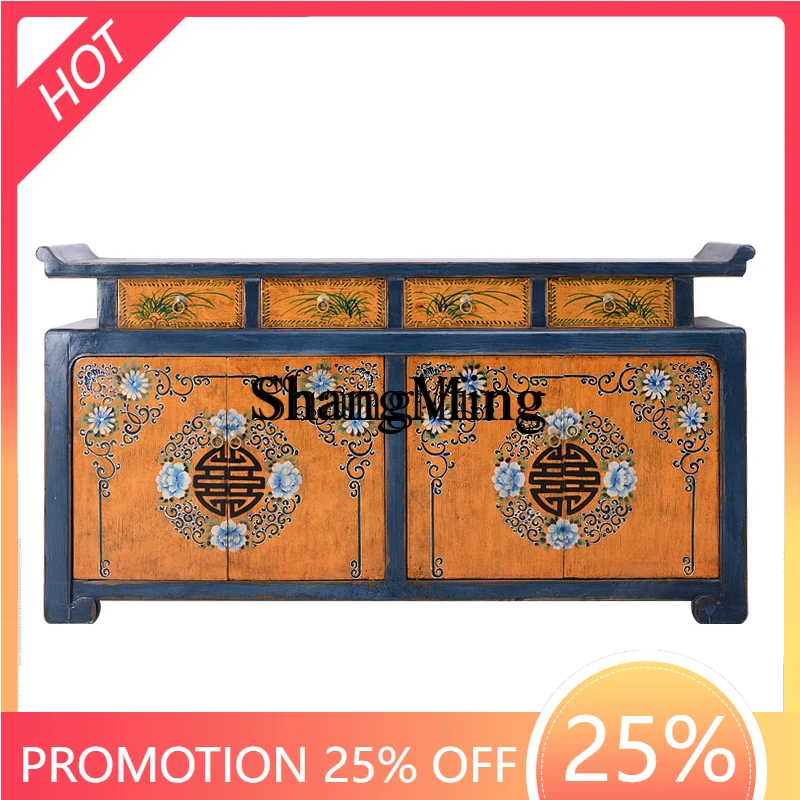 

SM antique classic warped head solid wood dining side locker living room color paint Xuanguan table retro old furniture