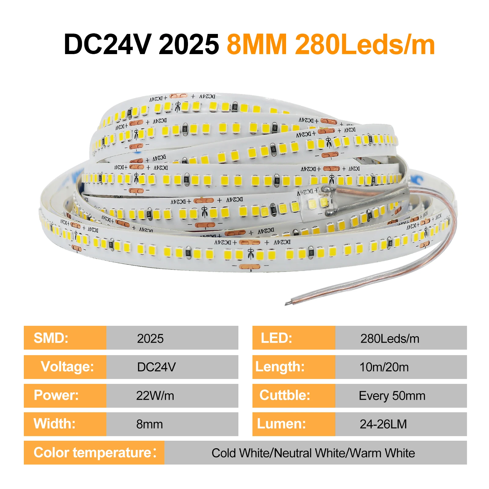 280Leds/M DC 24V LED Strip White 3000K 4000K 6000K 5M 10M 20M/Roll Home Decoration High Brighter Flexible Ribbon Tape Rope Light