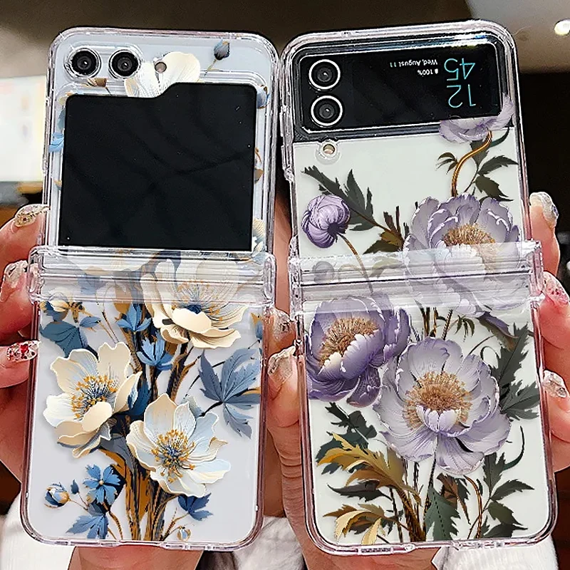 Flower Clear Bumper Hard PC Phone Case For Samsung Galaxy Z Flip 6 5 4 3 5G Flip5 Flip6 Shockproof Transparent Back Cover Shell