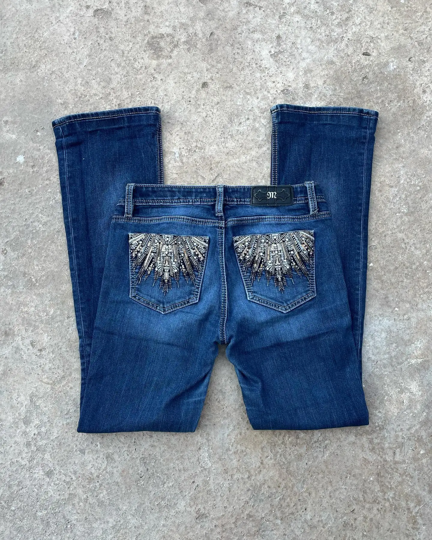 New Blue Embroidered Sequin Pocket Retro Jeans Miss Me Boot Cut Jeans Female Hip Hop Harajuku Gothic Wide Pants Y2k Streetwear