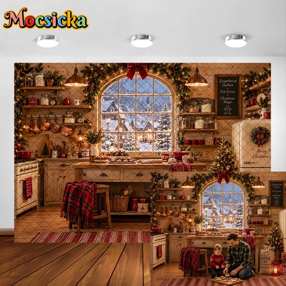 Mocsicka Rustic Christmas Baking Kitchen Backdrop Gingerbread Cookie Winter Snow Window Family Portrait Photography Background