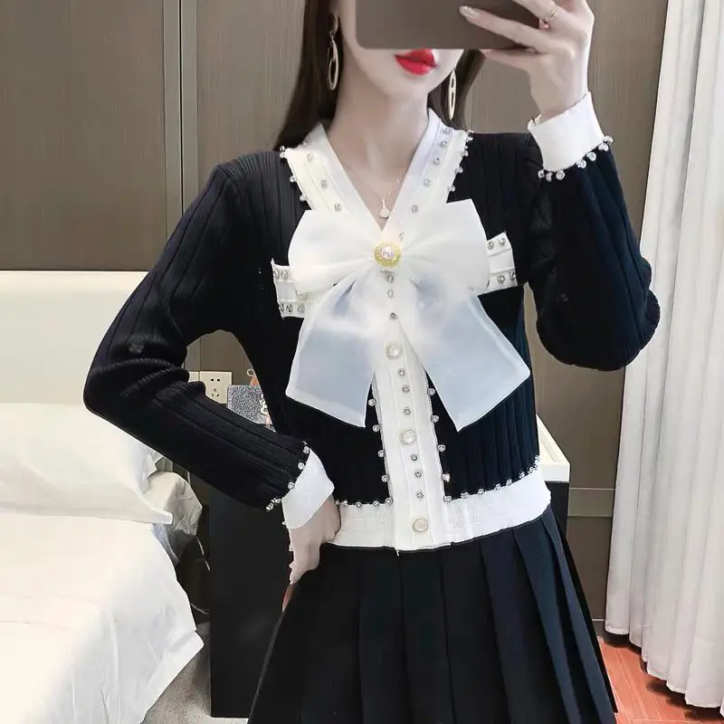 

Sweet Bow Patchwork Slim Short Sweaters Spring Autumn New Solid Ice Silk Knitting Pullovers Top Temperament Y2K Women Clothing