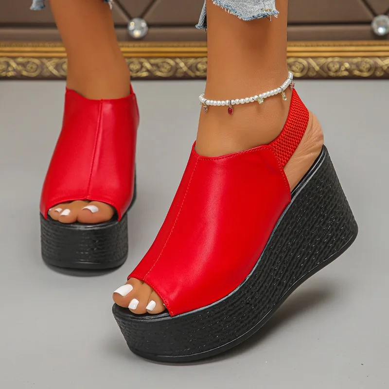 Damen-Sandalen Hochwertige Sommer-Leder-Keilsandalen Neue Plateau-High-Heels Sexy Offene Zehen Elegante Sandalen