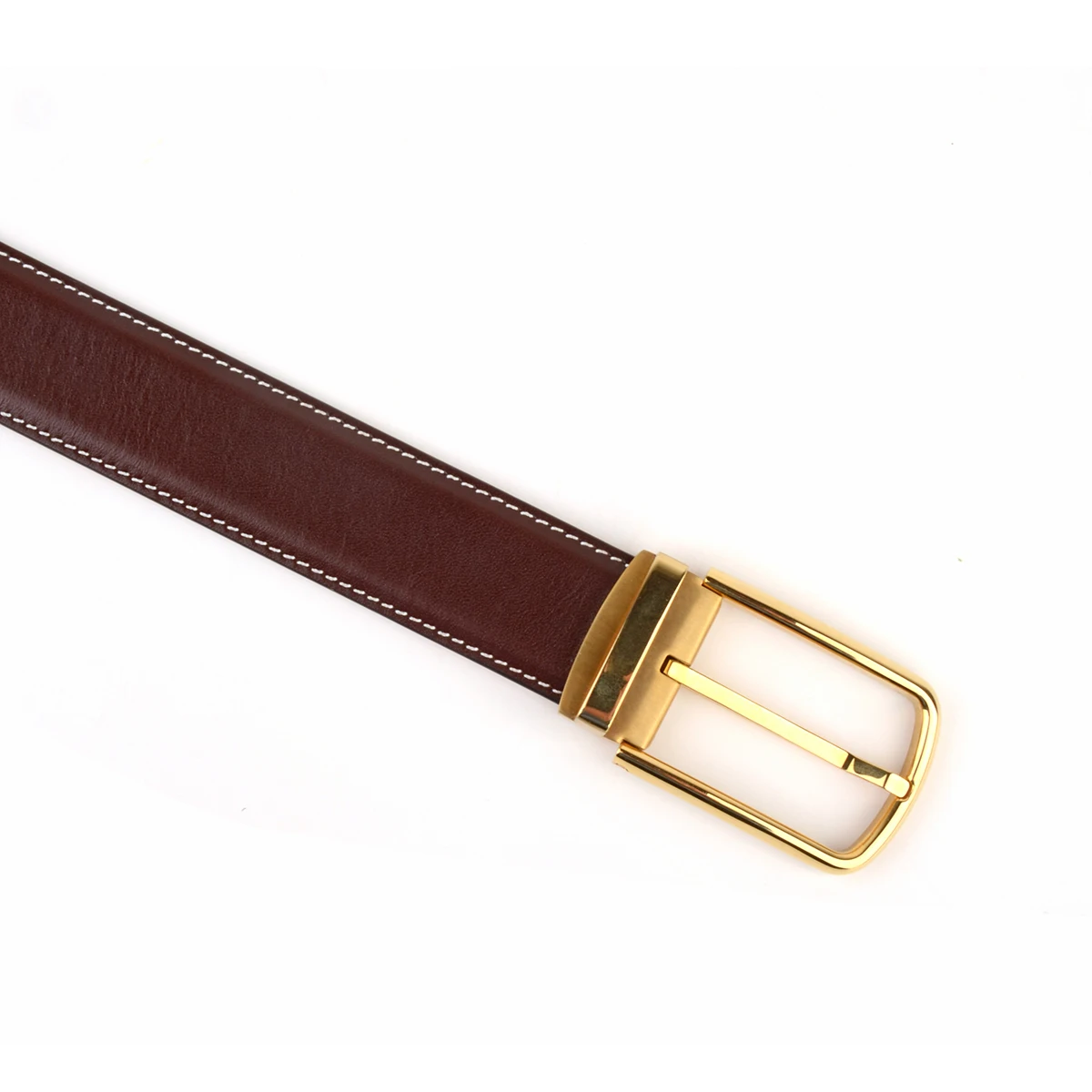 DONNAIN Men Belts Natural Cowhide Leather Simple Modern Gold Metal Buckle Adjustable Suit Belt Man Accessories Brown White line