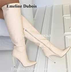 Matte Leather Knee High Boots Emeline Dubois Women Elegant Pointed Toe Beige White Black Stiletto Heel Long Boots Party Heels