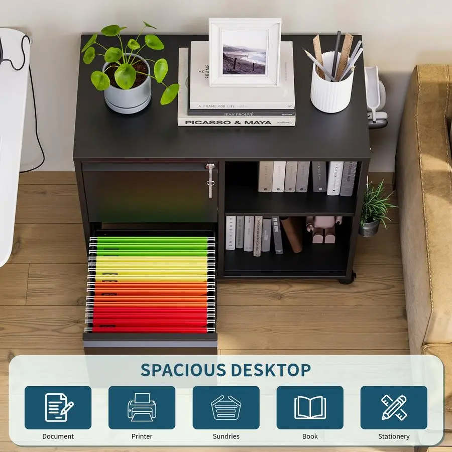 2 Drawer File Cabinet on Wheels, Metal Filing Cabinets with Shelf, Home Office Mobile File Cabinet with Lock, Printer Stand Stor