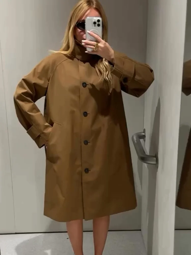 Trench monopetto solido moda per donna Giacca lunga casual con risvolto a maniche lunghe 2025 Autunno New Lady Capispalla Street