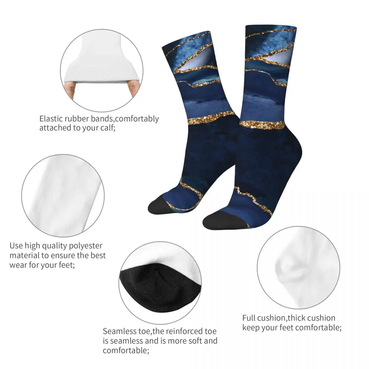 Funny Happy Unisex Abstract Navy Blue Watercolor Marble Socks Modern Sweat Absorbing Basketball Socks Breathable Crazy Sock