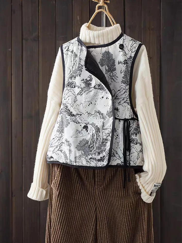 

New 2024 Women's Double-Sided Wear Traditional Chinese Sle Water-Media Print Vest with Belt round Ne Thiened Commute Top