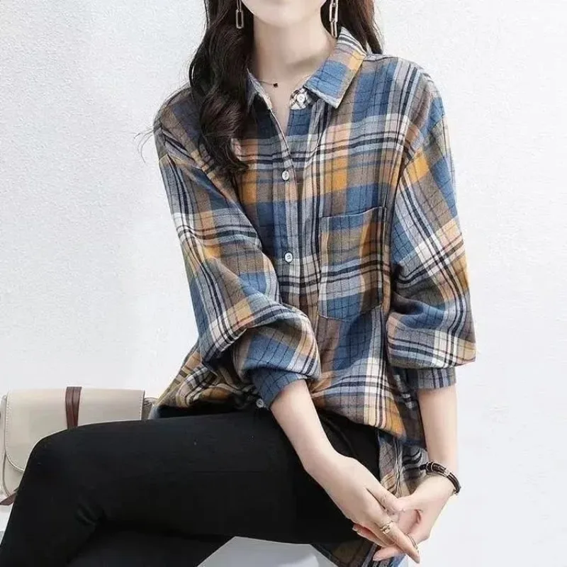 Women\'s Autumn and Winter New Fashion Elegant POLO Collar Plaid Button Pocket Casual Long Sleeve Loose Shirt Cardigan Tops