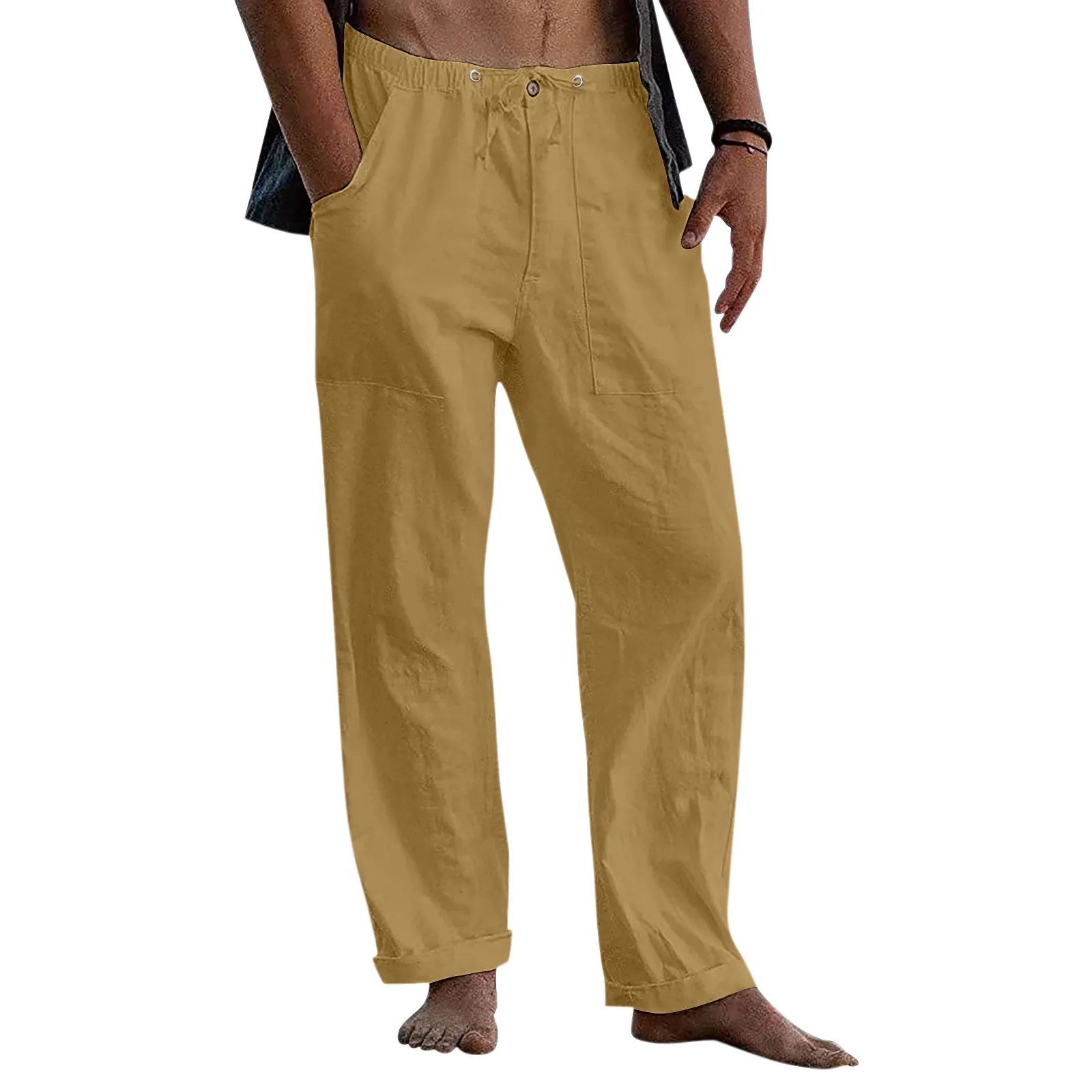 FJHOME-Pantalon droit décontracté pour homme, grande taille, couleur unie, noir, plage, fitness, 2024