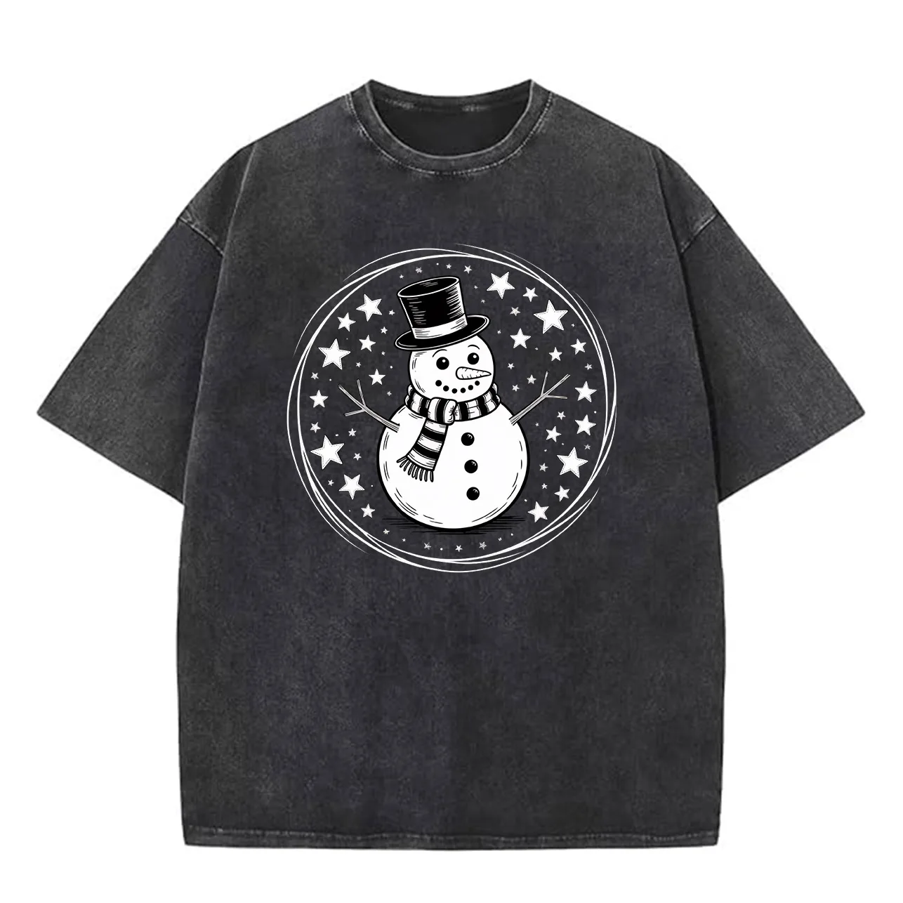 تي شيرت Snowman Crystal Ball 230 جرام من القطن الثقيل المغسول كبير الحجم للرجال برسومات عيد الميلاد تي شيرت كاجوال كلاسيكي #2