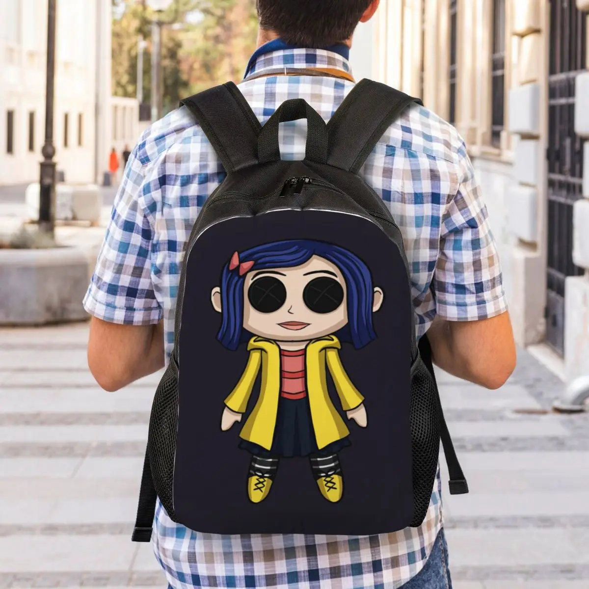 Niestandardowy plecak dla kobiet z motywem Coraline Doll Chibi Horror dla studentów szkół męskich na 15 Cal torby na Laptop