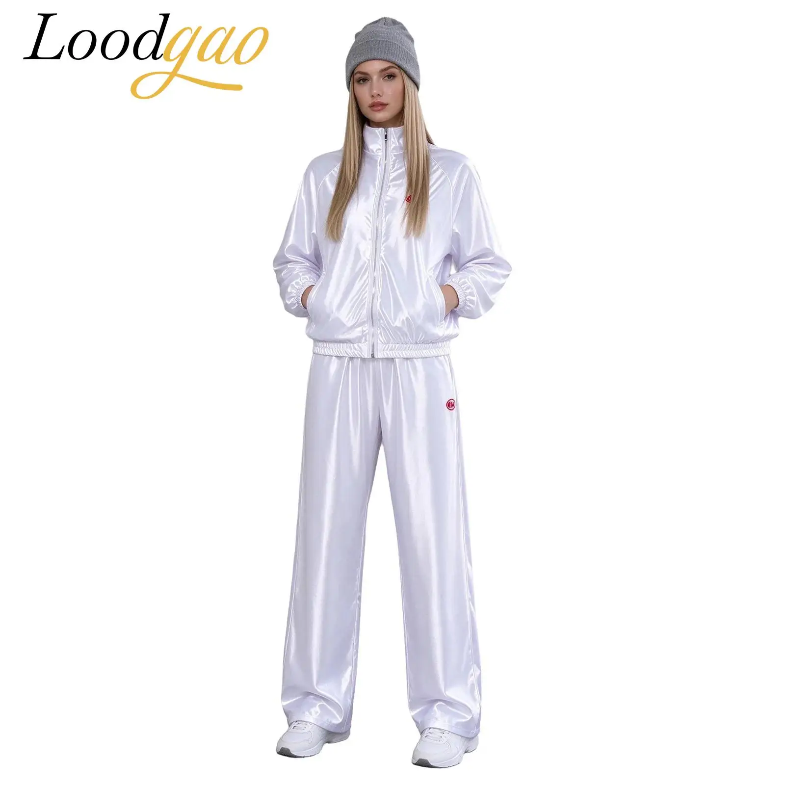 Women Satin Stand Collar Sweatshirt Jacket Wide Leg Trousers Pants Sets Hip Hop Clothes Fashion Street Dance Outfits Streetwear