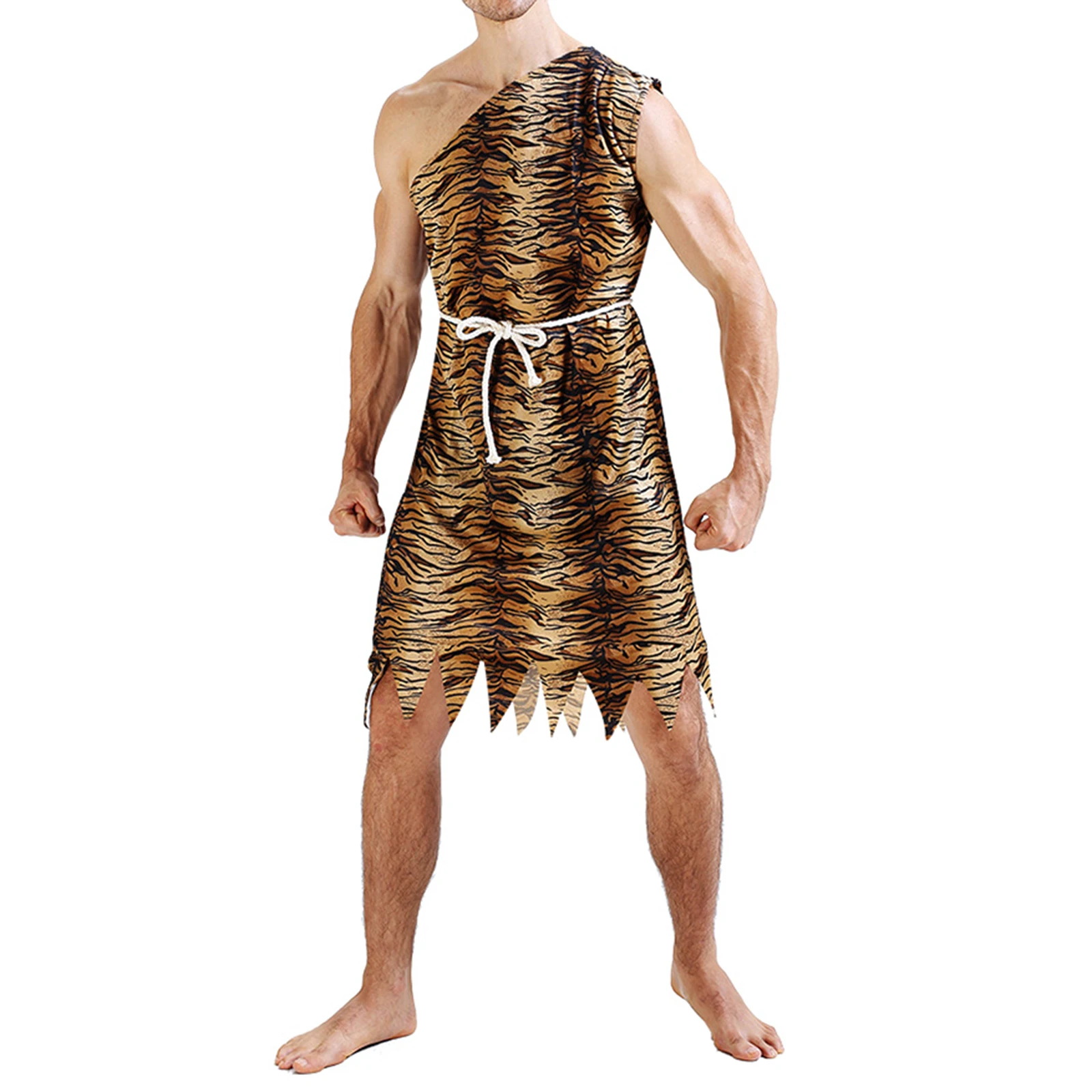 Disfraz de hombre de las cavernas de Halloween para adultos para mujeres/hombres, mono con estampado de leopardo, cinturón/altops y falda