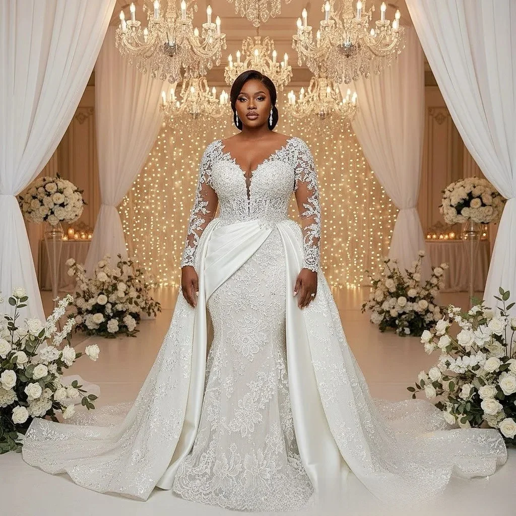 Customized Plus Size Mermaid Wedding Dress  Bride Bridal Gowns Lace Sheer Neck Detachable Train Appliqued Beaded Lace Crystals