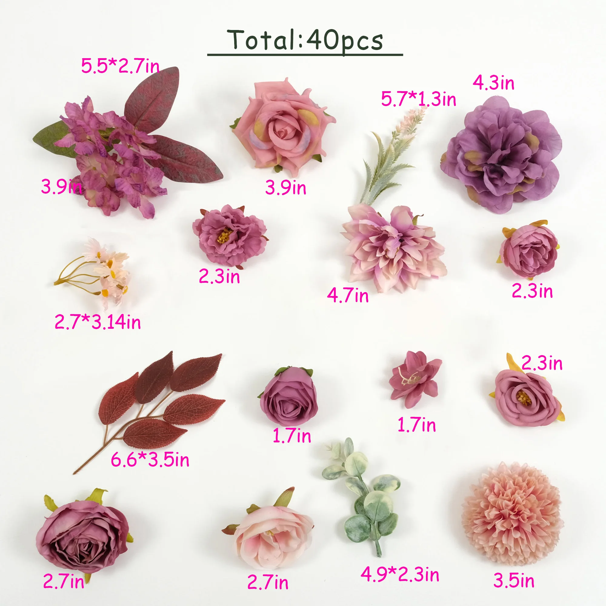 40PCS Loose Artificial Silk Flower Head Greenery Combo Set For DIY Crafts Bouquets Wreath Garland Decor Faux Flower Grab Bag