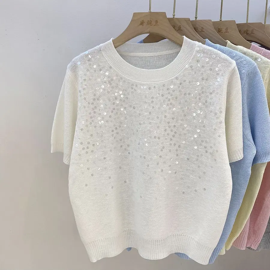 Sweet Trends Sequin Knitted Pullover Women Short-Sleeve T-Shirt Lightweight Sweater Design Top Y2k Jumper Outfit Korean Tees