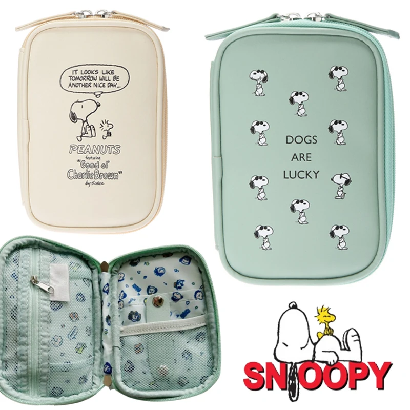 Snoopy Handbag Cartoon Earphone Data Cable Storage Pouch Student Stationery Case Pu Leather Clutch Bags Women Portable Washbag