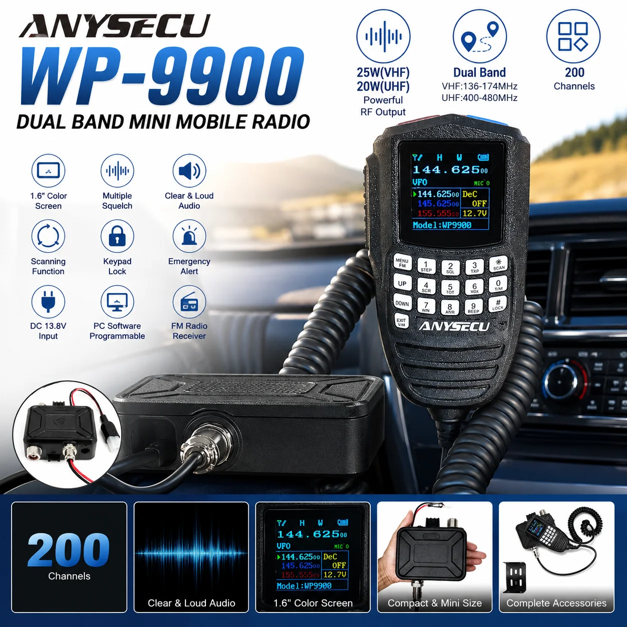 Anysecu WP-9900 Mini Mobile Radio 25W 200 Channels Dual Band Car Ham Radio Transceiver VHF 136-174MHz UHF 400-480MHz