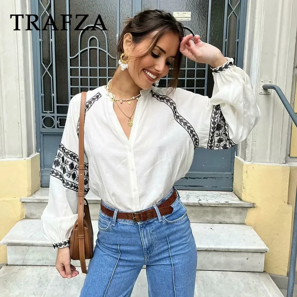 TRAFZA 2024 Spring Summer Casual Women Shirts Fashion Vintage Embroidery Lightweight O Neck Loose Streetwear Women Shirts