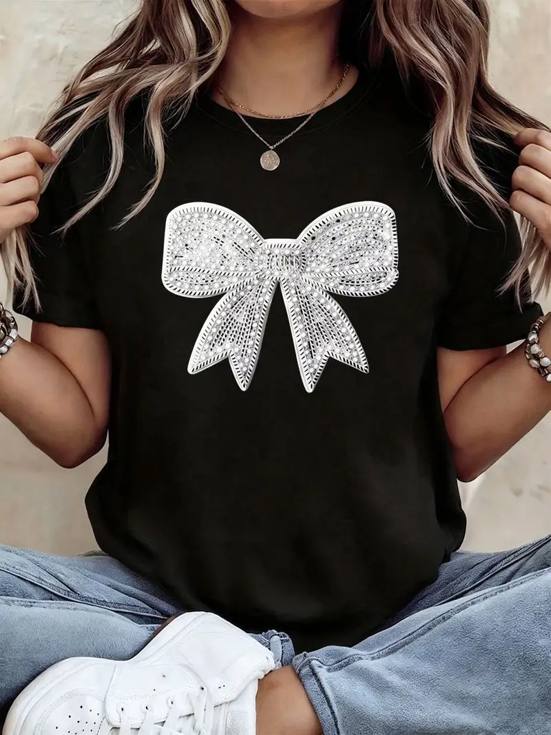 Women's Fashion Round-Neck T-Shirt Featuring Bow Pattern Polyester Fabric Multiple Sizes To Create Stylish Look For Women Daily