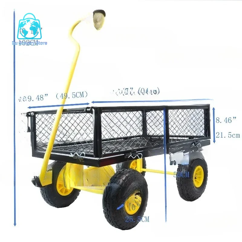 Mesh Utility Cart, Hand-Pulled Trailer, Folding Handcart, Removable Side Panels
