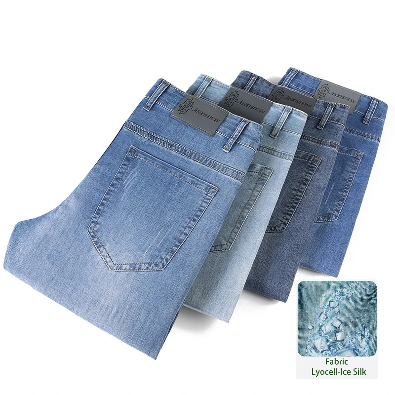 Celana Kargo Denim Sutra Es Pria Jeans Kasual Bisnis Tipis Baru Musim Panas Luar Ruangan Y2K Cocok untuk Semua Jeans Elastis Lurus Slim Fit Pria