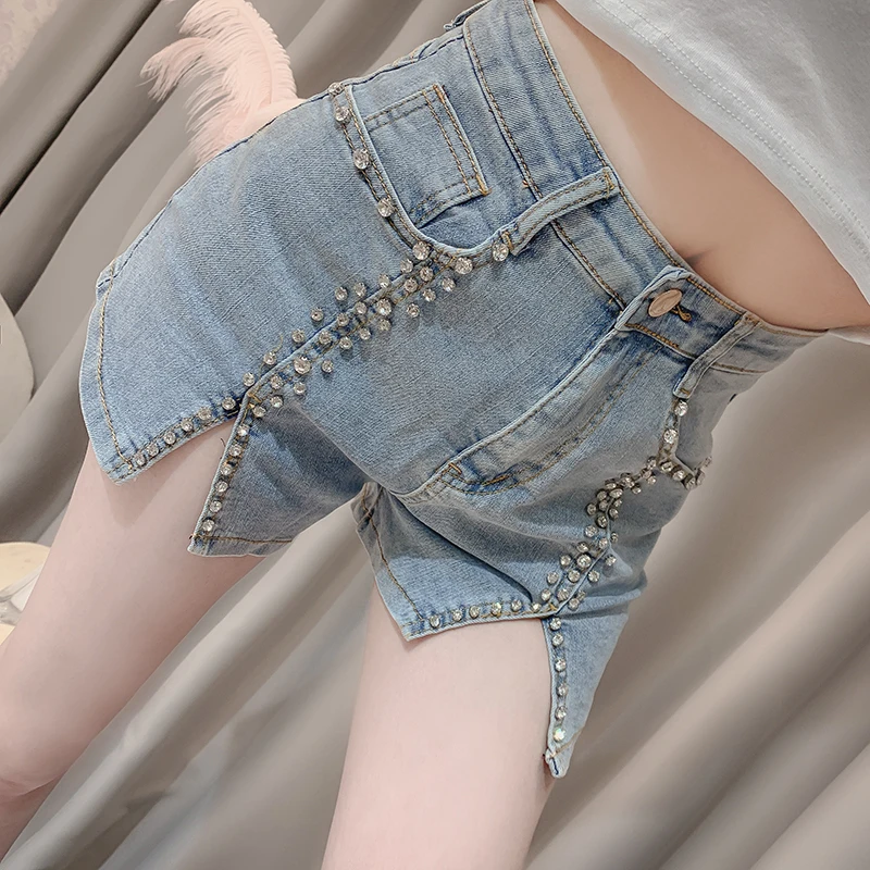 2024 Summer New Fashion Pearl Bead Denim Shorts vintage High Waist Casual Slim Split Jeans Shorts Fashion Denim Trousers Women