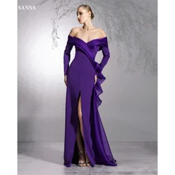 Sansa Elegant Purple Off Shoulder Prom Dresses Mermaid Long Sleeved Low Forking Vestidos de fiesta Satin Zipper Bow فساتين سهرة