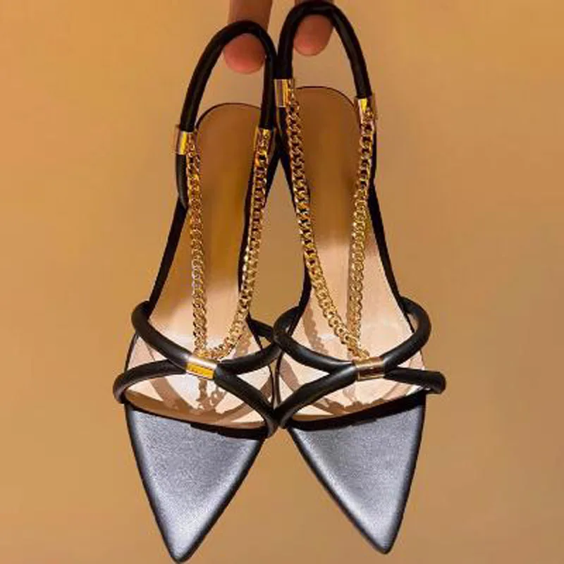 New Women Black Gold Soft Leather Gold Metal Chain Cross Strap Pointed Open Toe 8 10 CM Thin Heels Summer Sandals Party Shoes