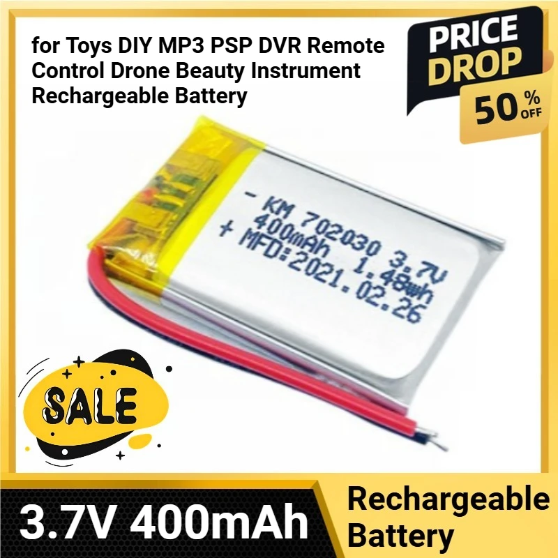 

702030 Lithium Polymer Battery 3.7V 400mAh for Toys DIY MP3 PSP DVR Remote Control Drone Beauty Instrument Rechargeable Battery