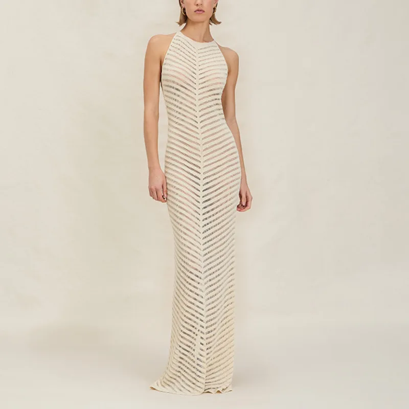 مثير محبوك الجوف خارج الرسن الرقبة حزام ضيق فستان طويل المرأة الأخضر حول الرقبة عارية الذراعين تصميم فستان عطلة فستان الشاطئ