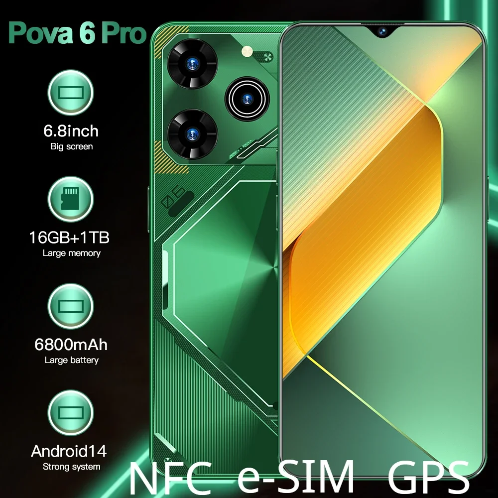 

2024 Original Pova 6 Pro Smartphone 5G+ Dimensity9200 6.8-inch 16G+1TB Dual-SIM 50+108MP Android14 Fingerprint Unlock E-SIM NFC