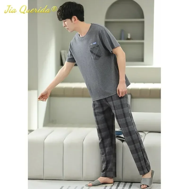 SUKAE Mens Plus Size L-5XL Homewear Summer Cotton Short Sleeve Full Pants Pajamas Set for Man Leisure Sleepwear Trendy Nightwear