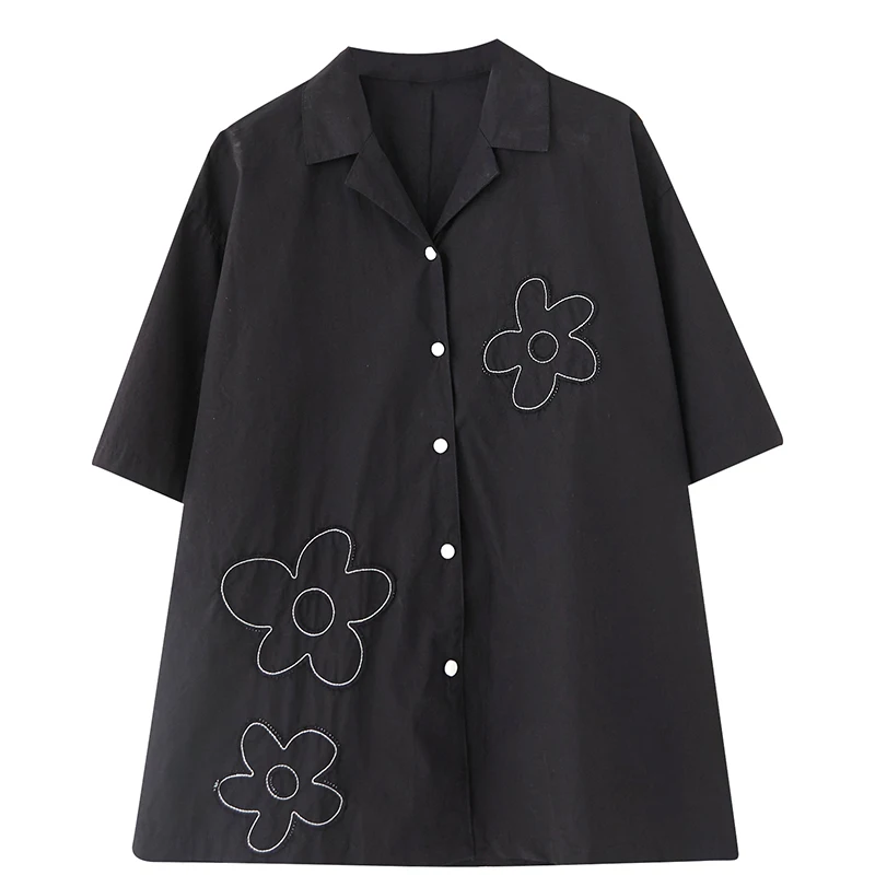 Retro Bla Embroidered irt ort Sve Cuban Collar Design Loose Fit Women's Summer Top for plus Size MM Cotton Blend