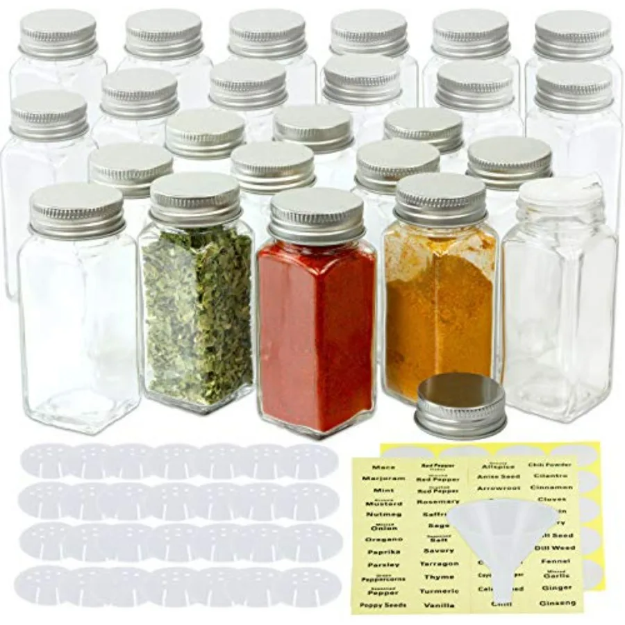 

4 Ounce Square Spice Jars with Labels for Kitchen Organization and Storage Ideal for Spices Herbs and Seasonings 24 Packs for E