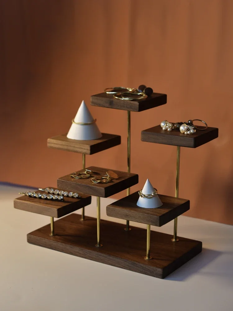 Black Walnut Jewelry Ladder Display Storage Shelf Set Jewelry Earrings Ring Holder Commercial Home Use