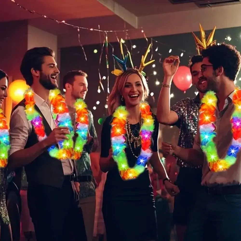 Glow In The Dark LED Necklace Rainbow Lei Artificial Flower Flower Wreath Light Up Tropical Design Light Up Necklace Beach Party
