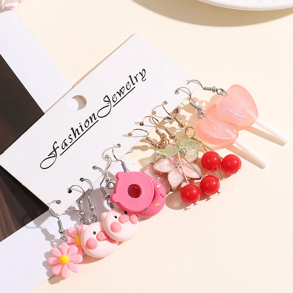 New European American Cute Sweet Dopamine Resin Earring Set Fresh Cherry Ice Cream Flower Dangle Earrings