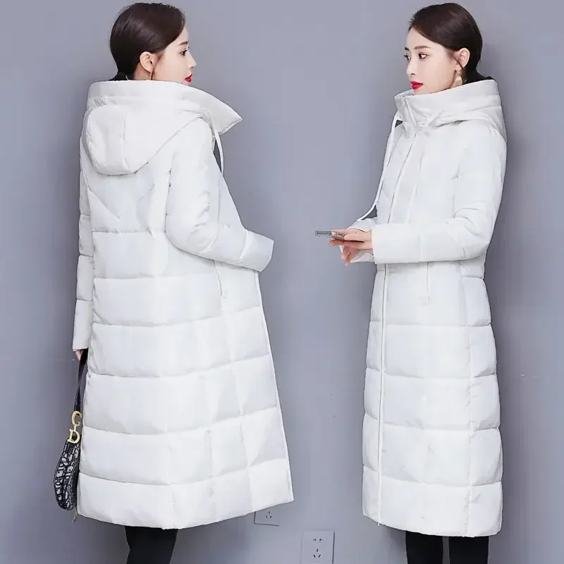 Parkas longas com capuz à prova de vento, sobretudo elegante, casacos acolchoados quentes, casacos grandes finos, algodão coreano, neve, inverno, 5XL