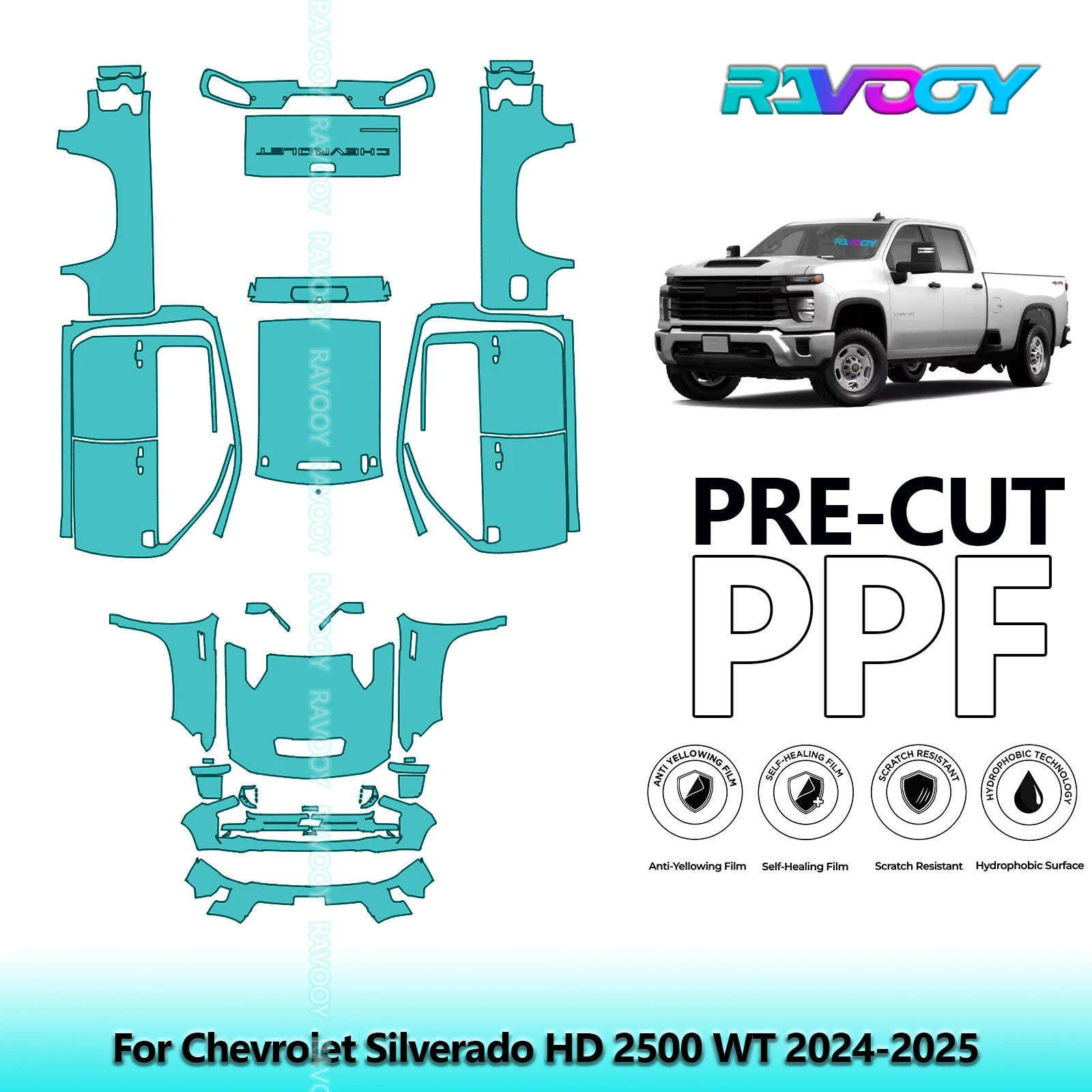 RAVOOY 8.5Mil Custom-Fit Precut TPU PPF Full Vehicle Clear Bra Stone Guard EU UK For Chevrolet Silverado HD 2500 WT 2024-2026