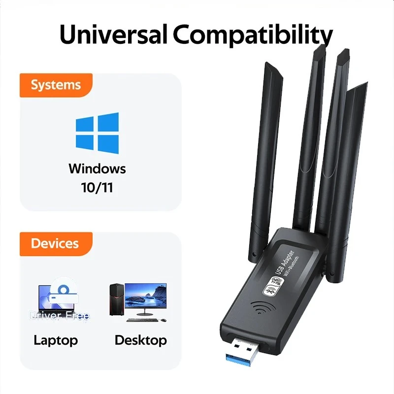 Adaptador WIFI Bluetooth 5,4 de 1300M, tarjeta de red inalámbrica, receptor Wi-Fi 5G, Dongle Wi-Fi de doble banda, 4 antenas para PC/portátil Win10/11