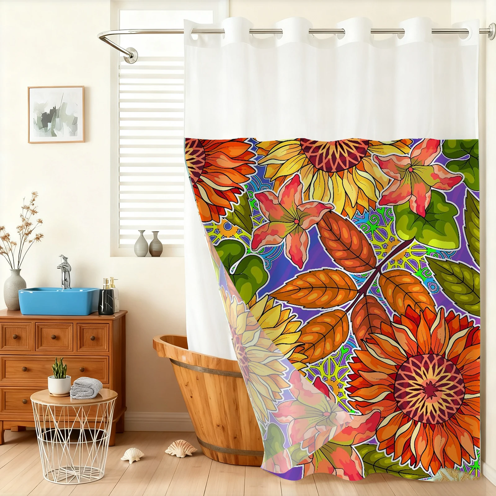 

No Hook Floral Shower Curtain With Snap-in Fabric Liner, Sheer Top Window, Waterproof Double Layer Bathtub curtain