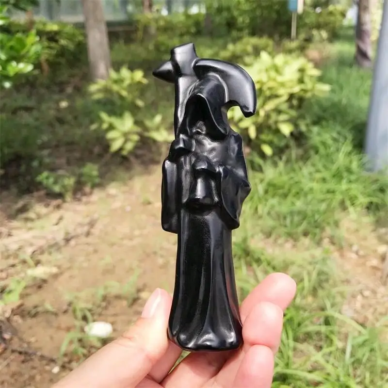 Natural Black Obsidian Death Carving Reiki Healing Fengshui Stone Home Office Decoration Gifts 1PCS