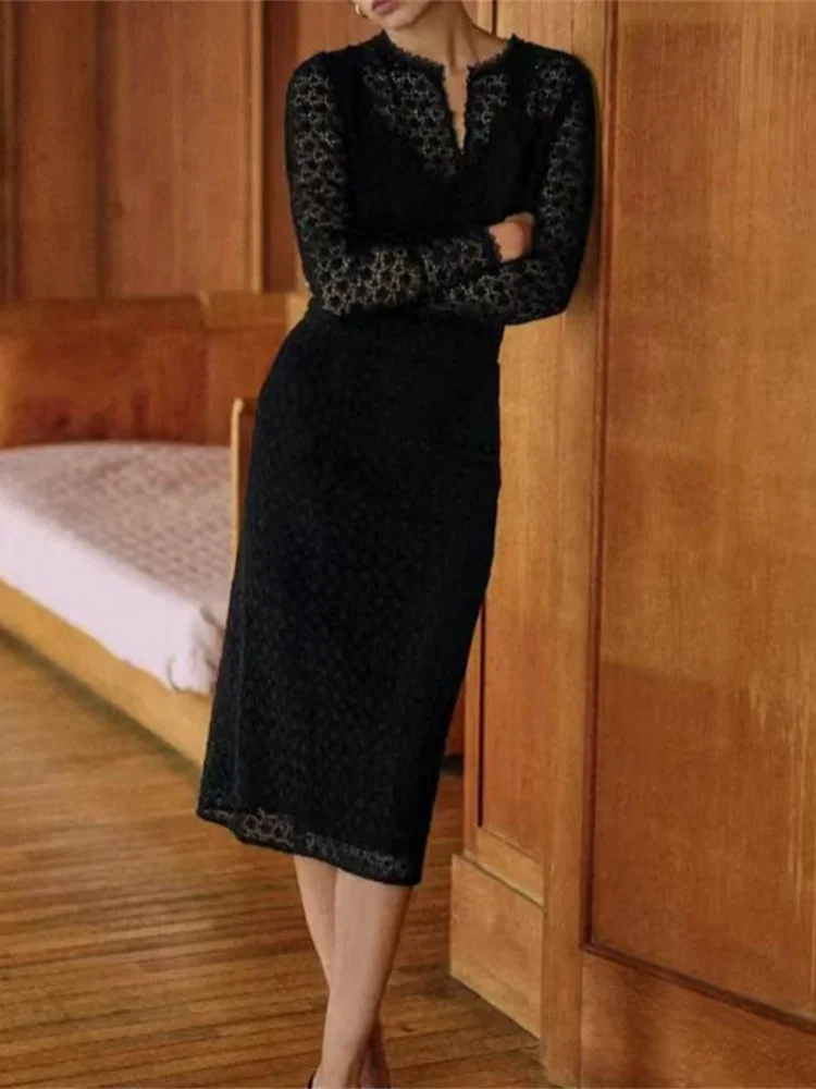 Conjunto de falda de ganchillo de encaje para mujer, Jupe Midi con abertura negra o blusa transparente de manga larga, traje calado para mujer