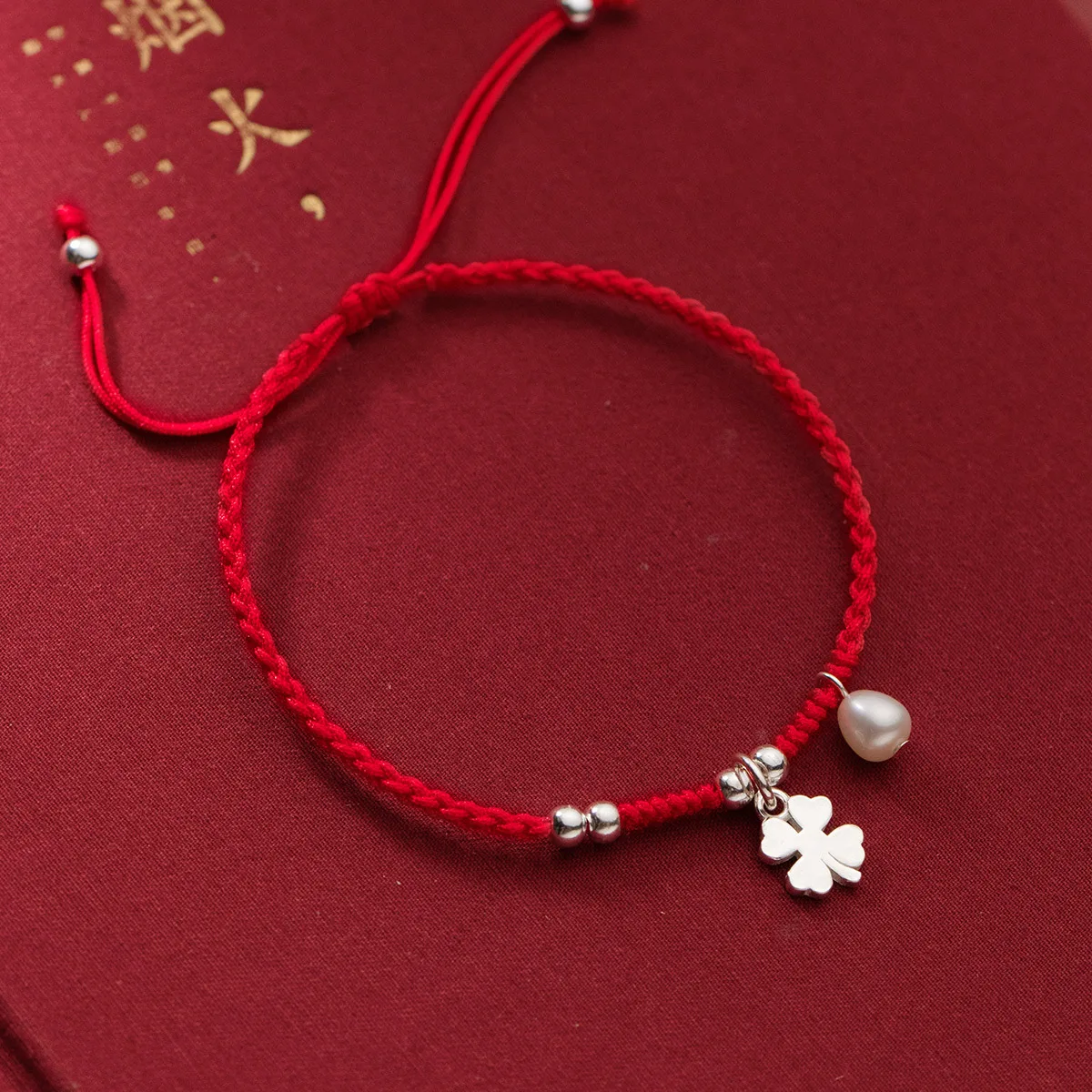 22cm Lucky 925 Silver Rope Bracelets Women Silver Retro Flower Red Thread Line String Bracelets For Women Girl Synthetic Pearl