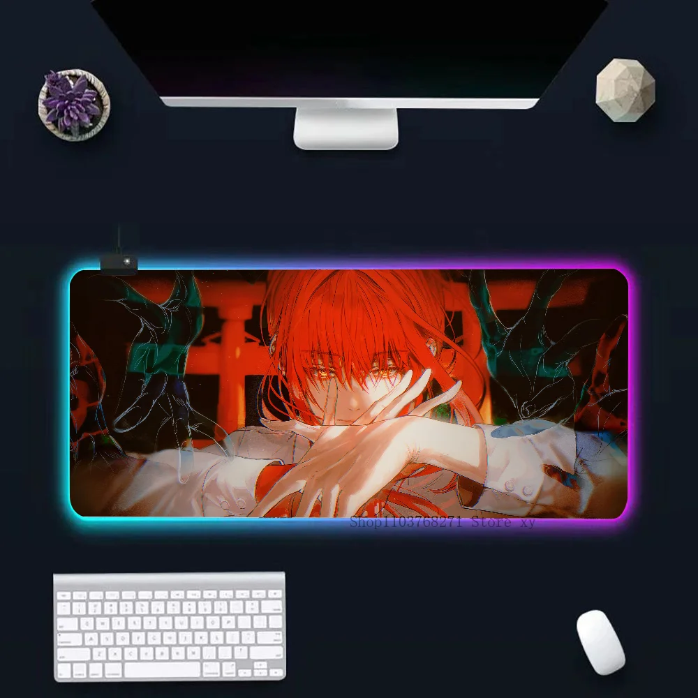 Makima Chainsaw Man Anime Girl Mousepad XXL RGB Gaming Mouse Pads HD Black Gamer Accessories Large LED