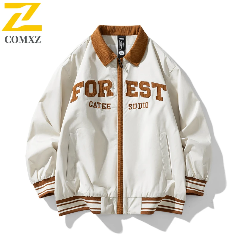 

Harajuku Jacket Men's 2025 Fashion Letter Embroidered Windproof Lapel Baseball Jacket Autumn New Street Clothing Loose Male Coat