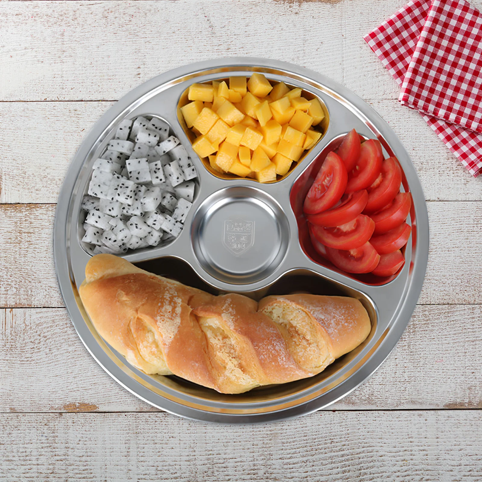 

1Pcs Five-Compartment Divided Stainless Steel Plate Practical Stacked Breakfast Food Serving Plate Household Tableware